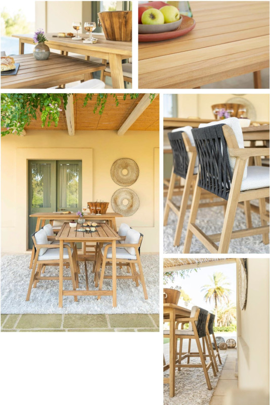 FLEXX SET-Barový stôl teak + 2 ks barová stolička teak, Pultový stôl teak + 4 ks stoličky